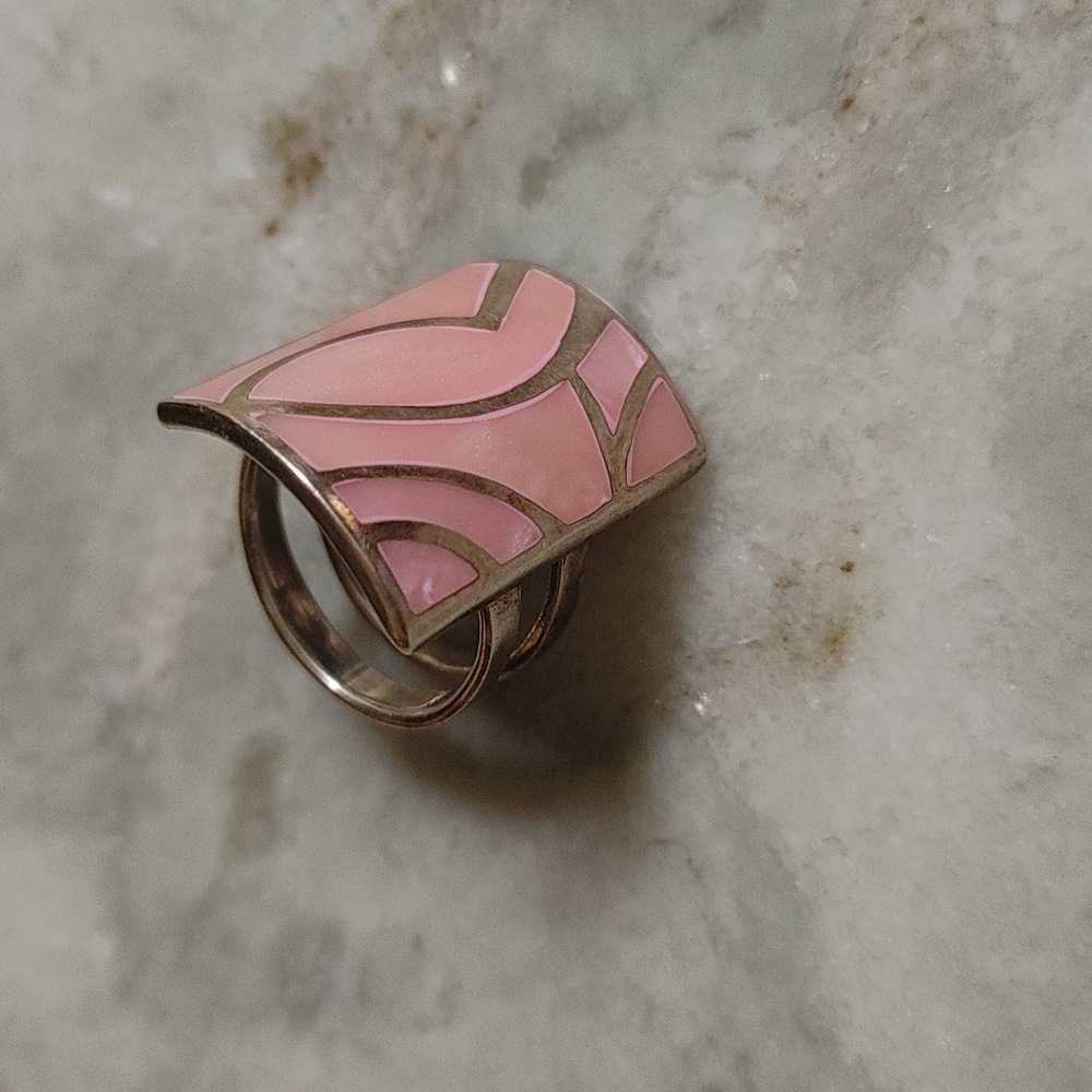 Vintage Pink Enamel Geometric Sterling-Style Statement Ring